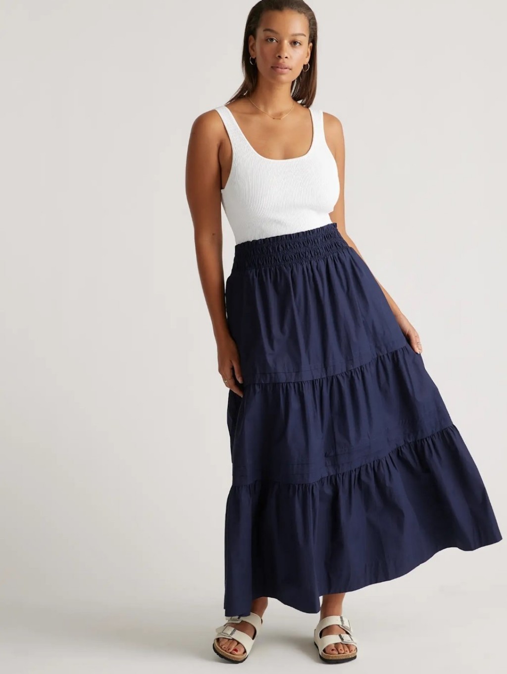 Quince Navy Organic Poplin Tiered Maxi Skirt